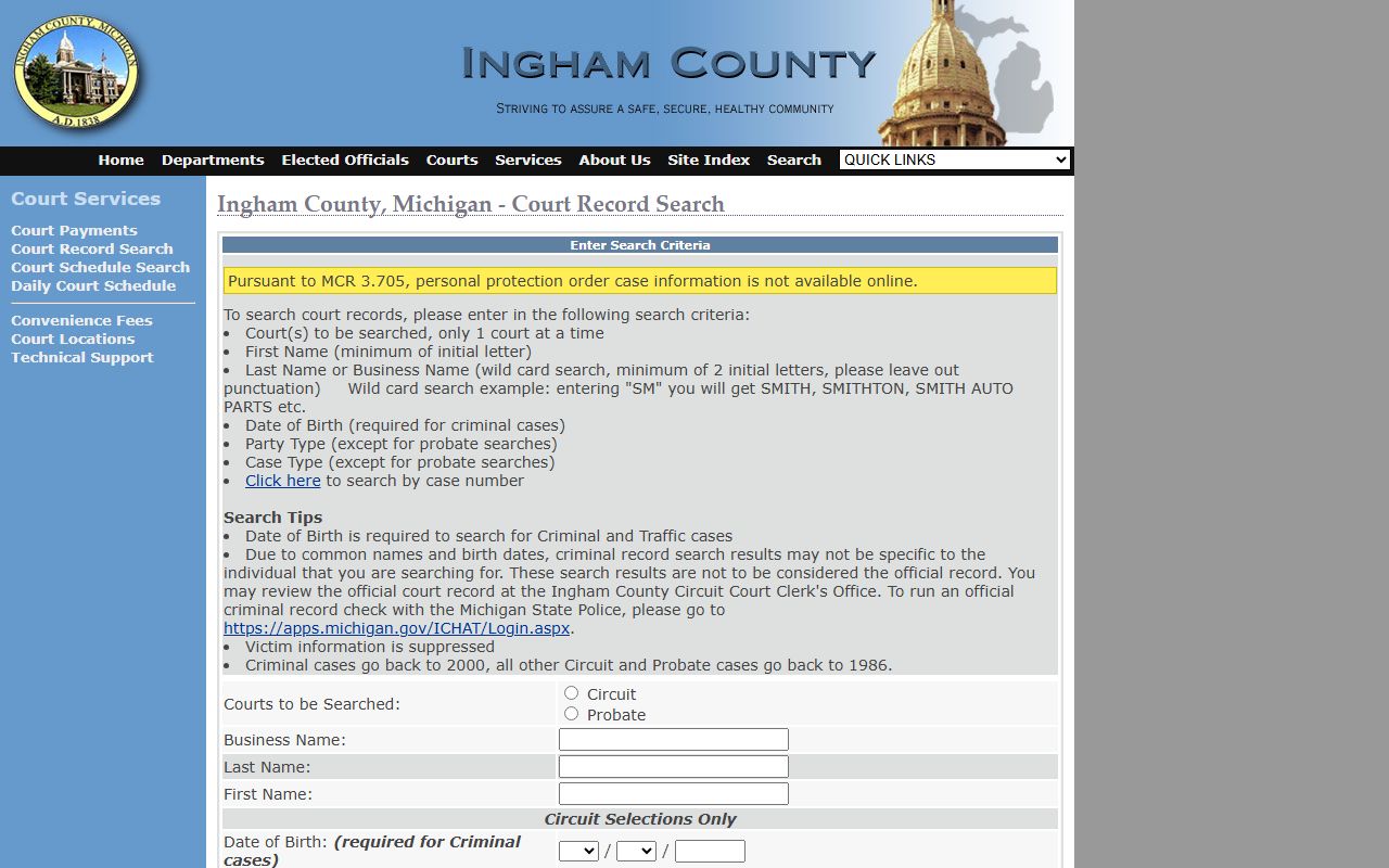 Ingham County Circuit and Probate court records search page