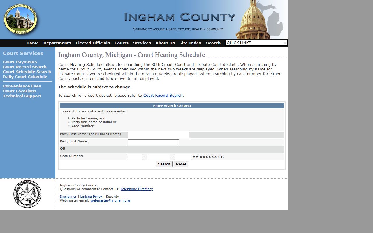 Ingham County court hearing schedule search records
