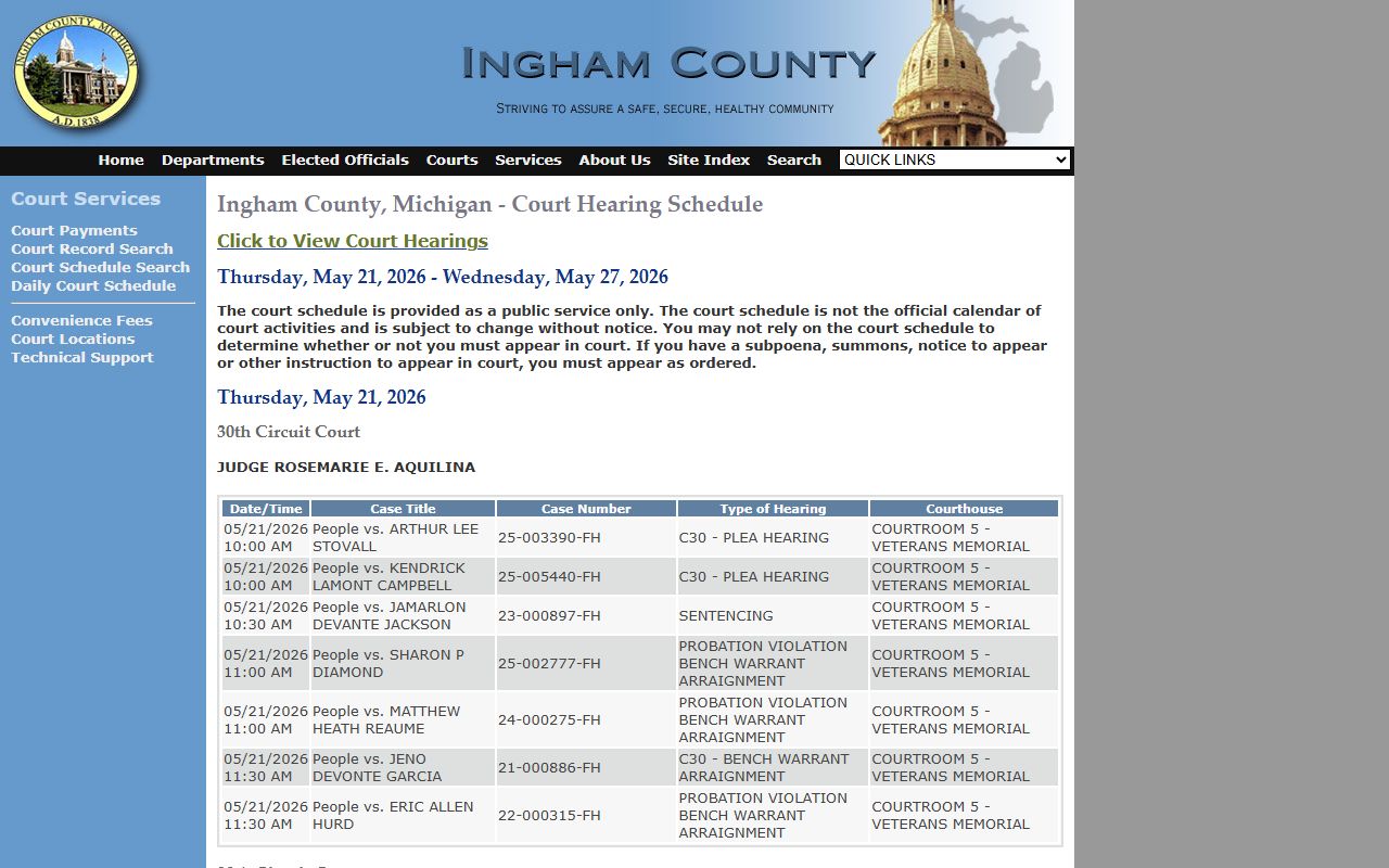 Ingham County daily court schedule records page