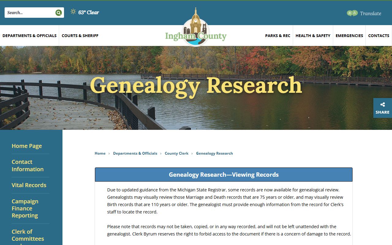 Ingham County Clerk genealogy research page covering older births, deaths, marriages, and naturalization records