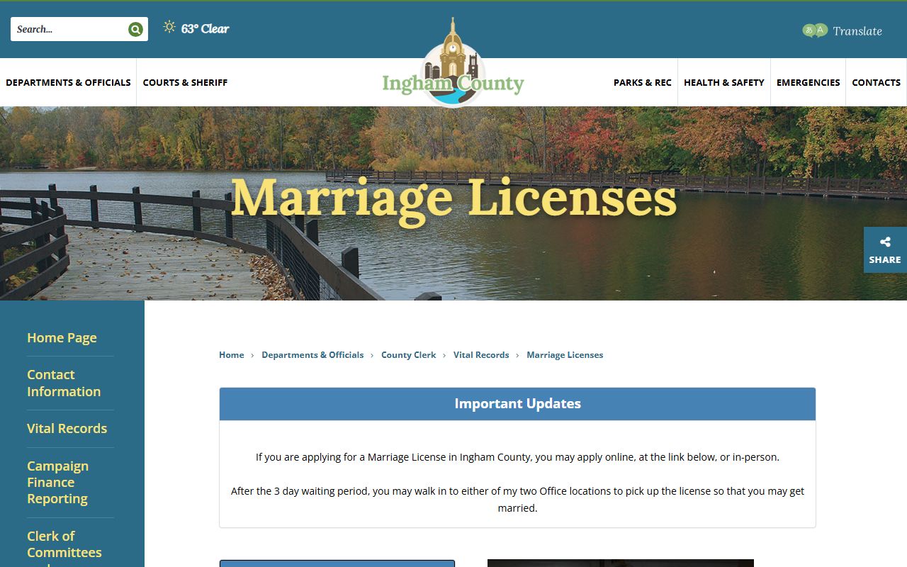 Ingham County Clerk marriage license page used to confirm the $20 county-resident fee