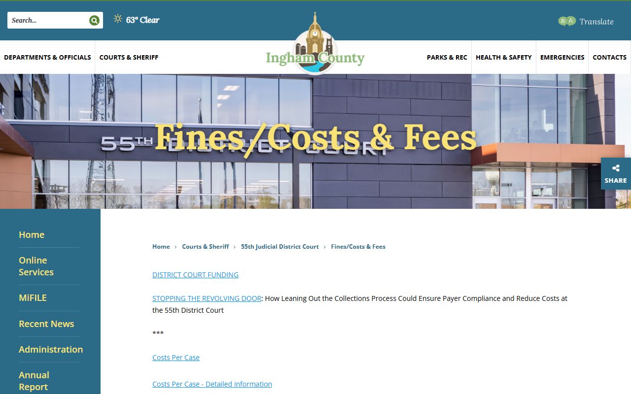 Ingham County 55th District Court fines, costs, and fees page