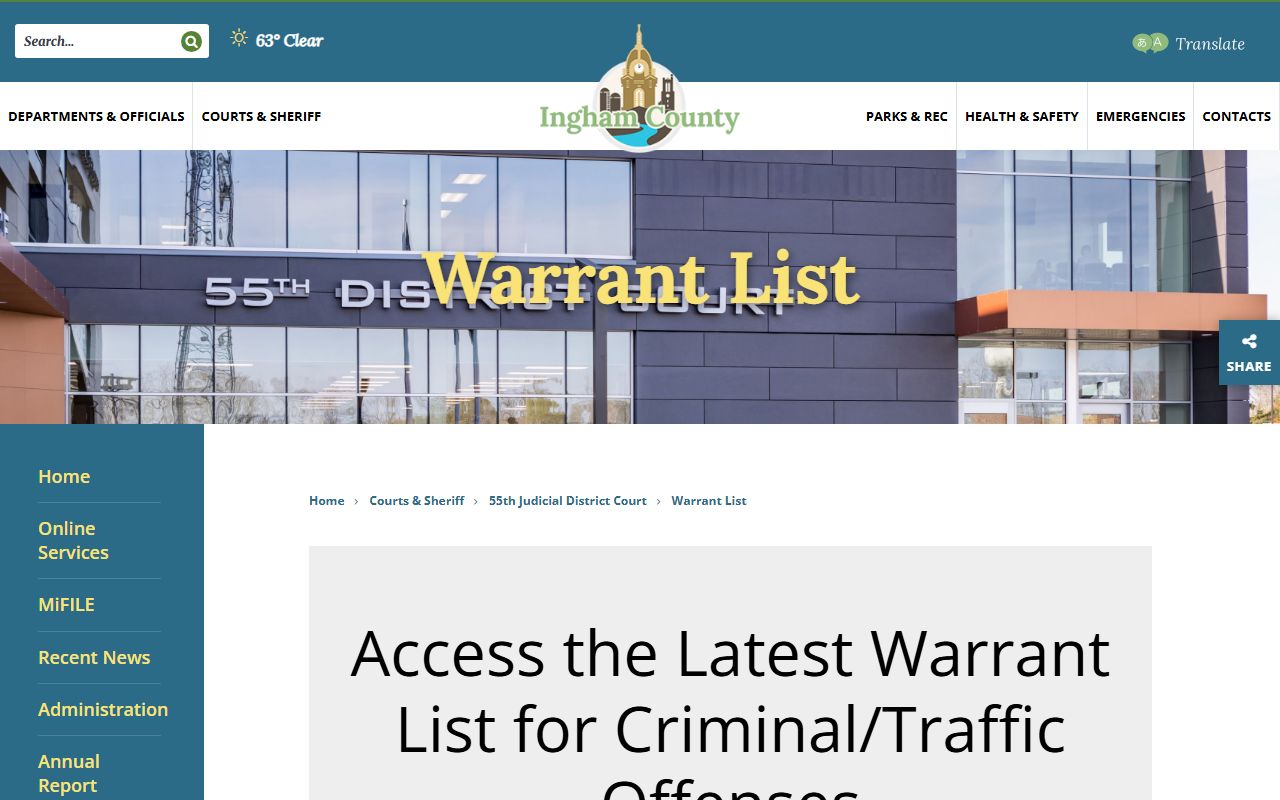 Ingham County 55th District Court warrant list page