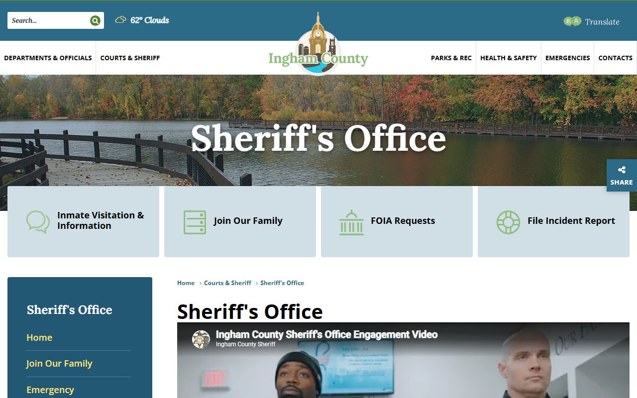 Ingham County Sheriff's Office home page used for jail and inmate information