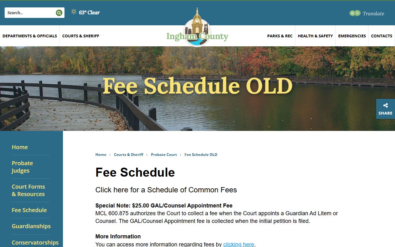 Ingham County Probate Records fee schedule page on the official Probate Court site