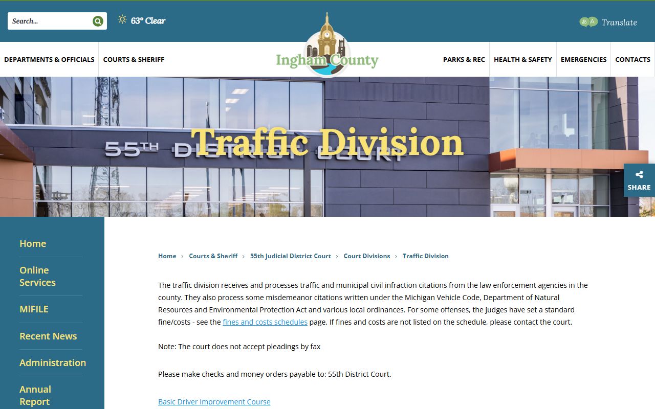 55th District Court traffic division page for Ingham County citations