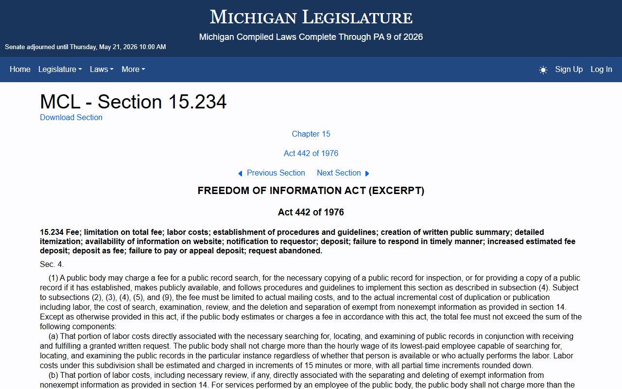Michigan Legislature page showing MCL 15.234, the Michigan FOIA fee rules