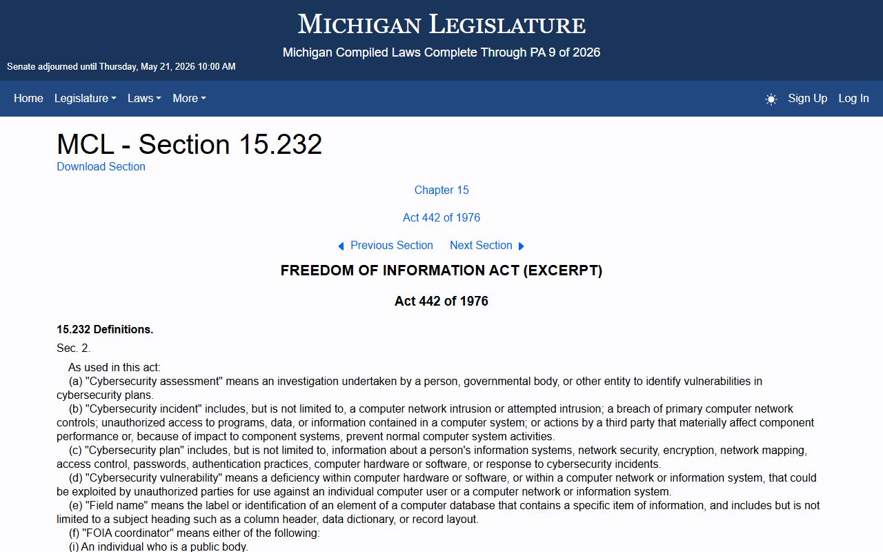 Michigan Legislature page showing MCL 15.232, the Michigan FOIA definitions section