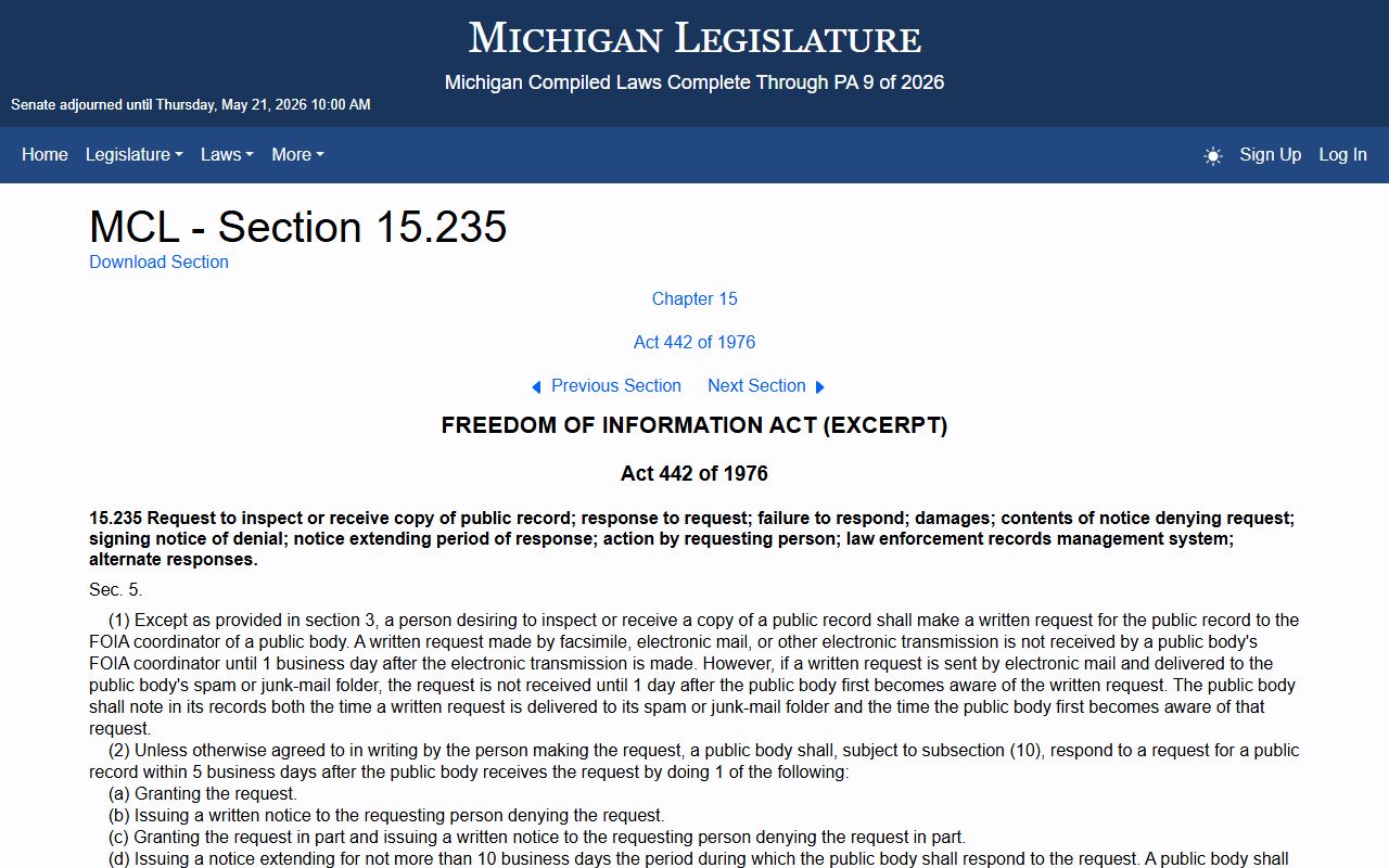 Michigan Legislature page showing MCL 15.235, the Michigan FOIA response and denial procedure