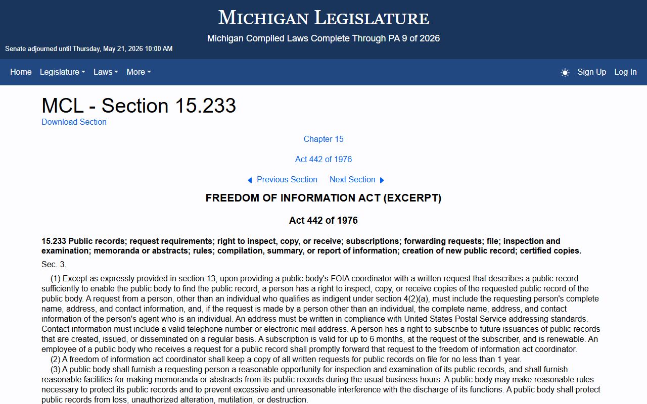 Michigan Legislature page showing MCL 15.233, the right to inspect and copy Michigan public records