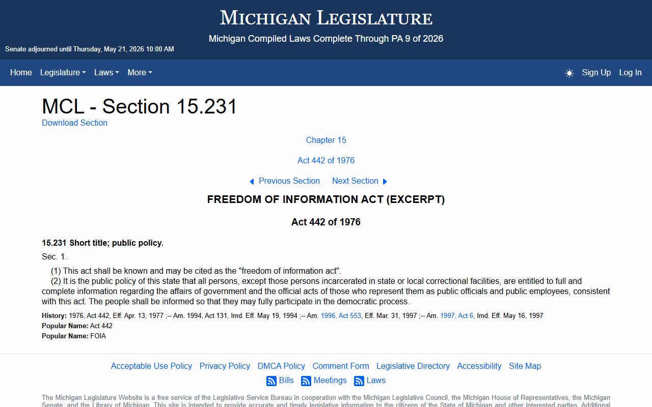 Michigan Legislature page showing MCL 15.231, the Michigan FOIA public policy section